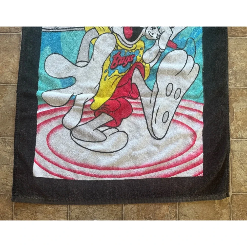Vintage Looney Tunes Beach Towel Bugs Bunny DJ Taz Hip Hop Rapper 90s Black Blue